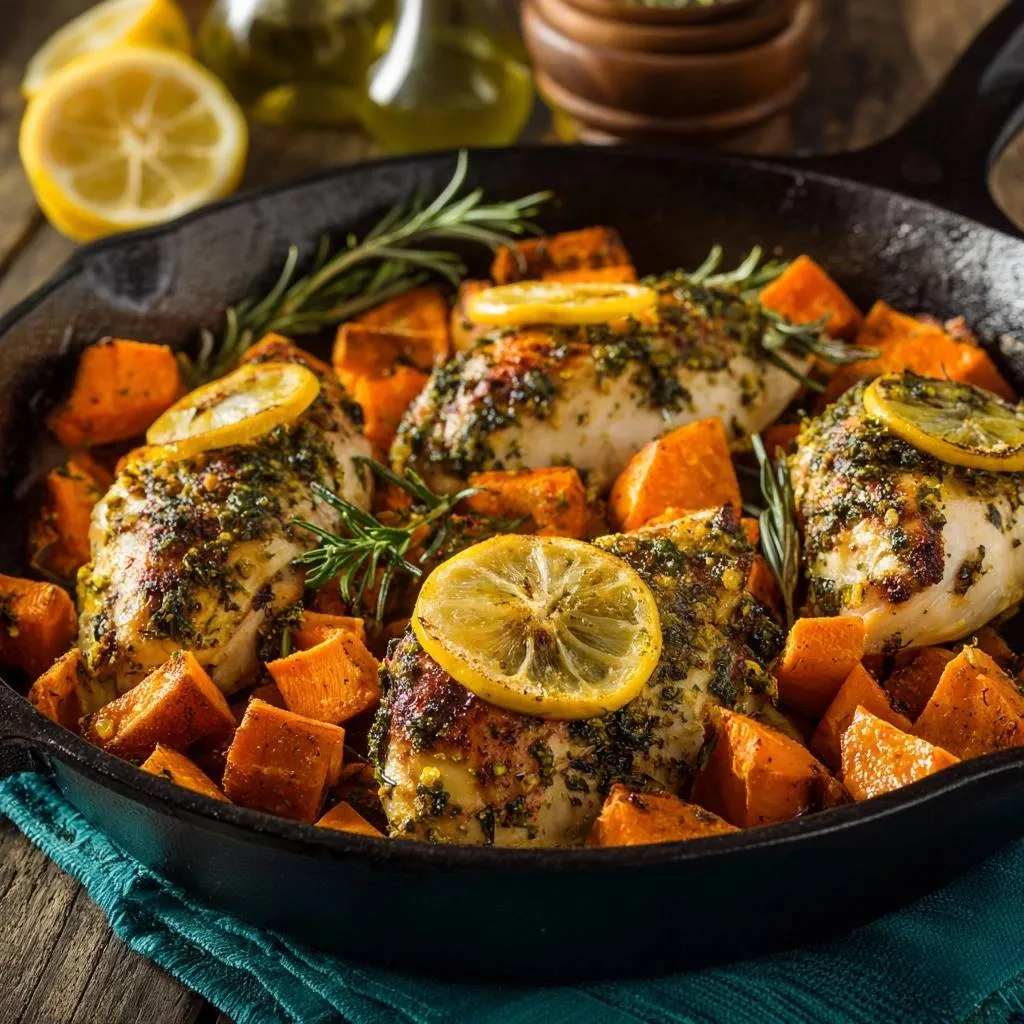 One-pan lemon rosemary chicken thighs with sweet potatoes served in a cast iron skillet with lemon slices and rosemary sprigs.