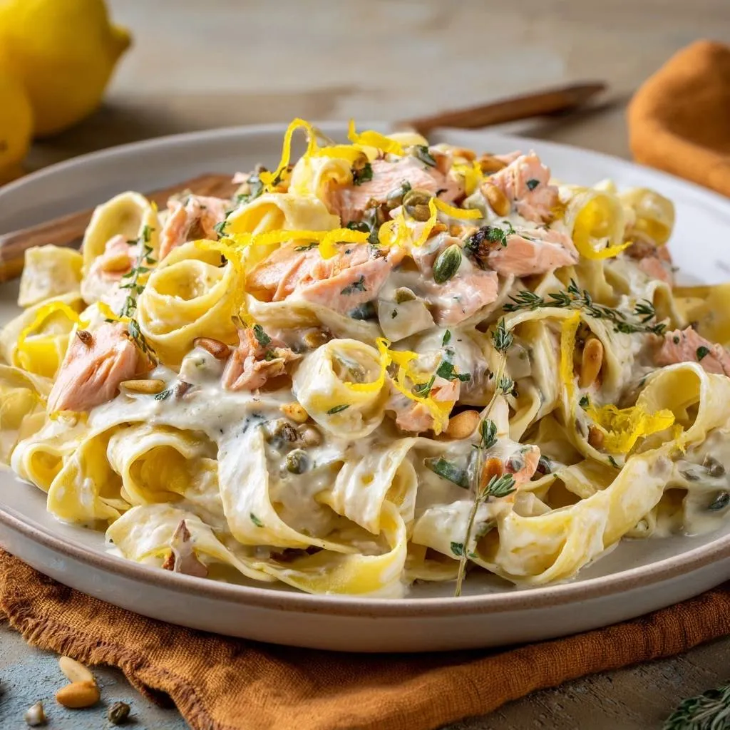 Lemon salmon tagliatelle with silky no-curdle sauce, garnished with lemon zest and fresh herbs.
