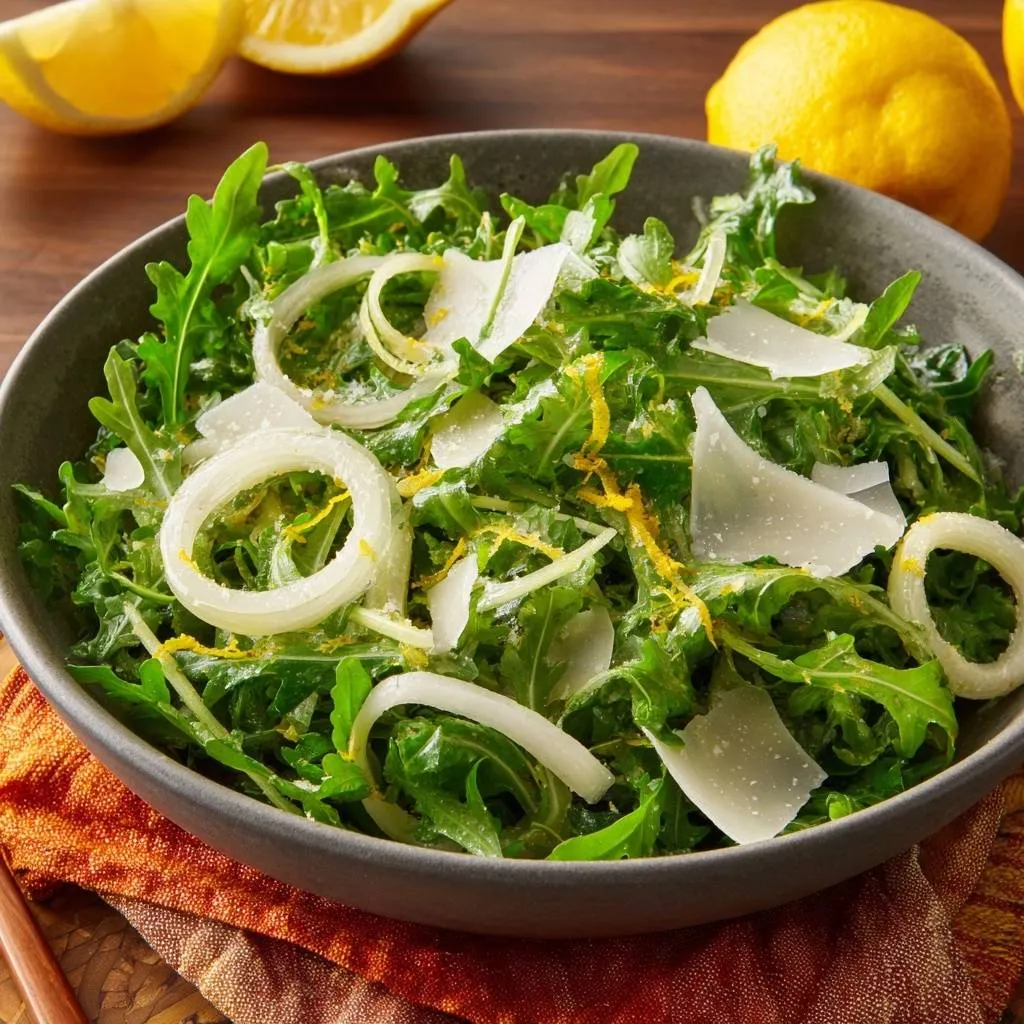 Lemony arugula parmesan salad with crisp onion rings and shaved parmesan in a detailed bowl close-up.