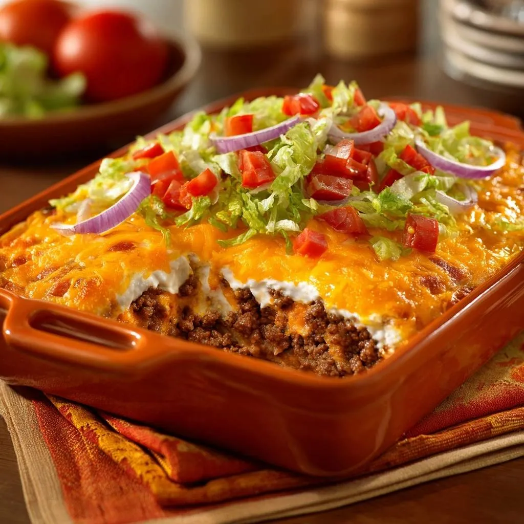 The Ultimate Loaded Beef Taco Bake shown in a cross-section, revealing layers of seasoned beef, cheese, and toppings.