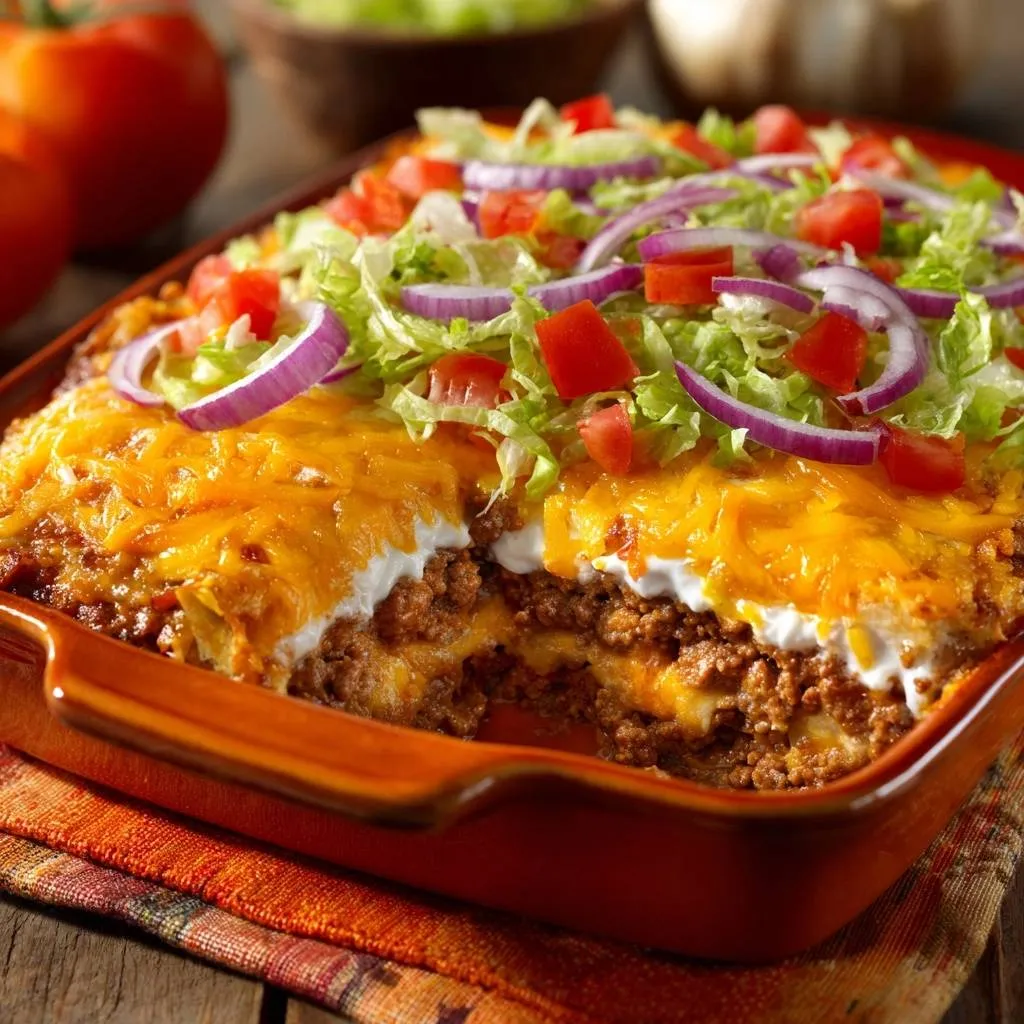 Loaded beef taco bake shown in a cross-section revealing its cheesy layers and fresh toppings.