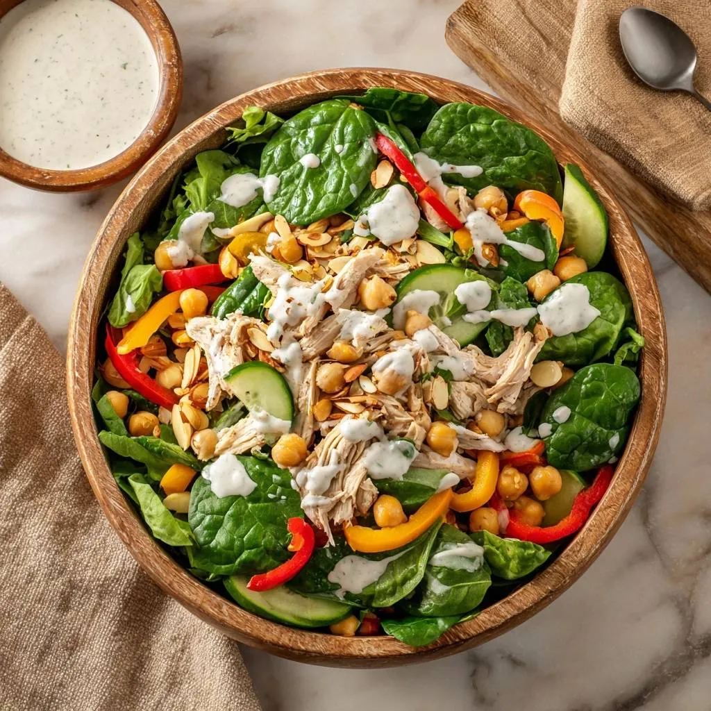 Loaded chicken chickpea spinach salad served in a rustic wooden bowl with a side of dressing.