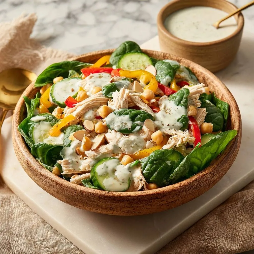 Loaded chicken chickpea spinach salad served in a wooden bowl with a creamy dressing, as seen from an overhead perspective.