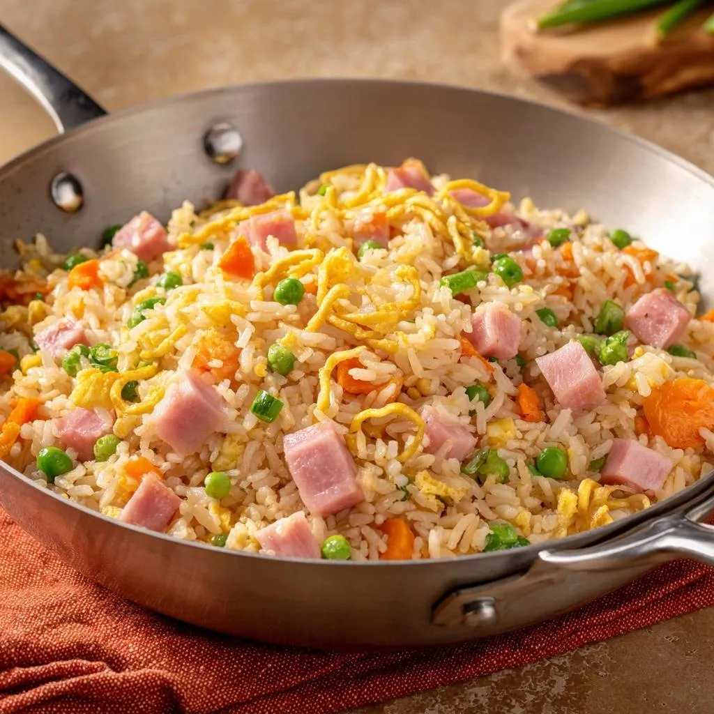 Loaded ham fried rice in a skillet, showcasing fluffy grains with peas, carrots, and egg.