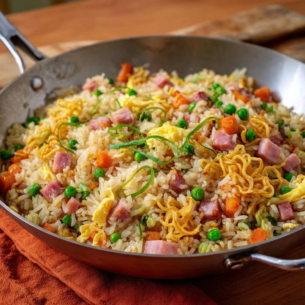 Loaded ham fried rice with peas, carrots, and scrambled egg, shown in a close-up view within a wok.