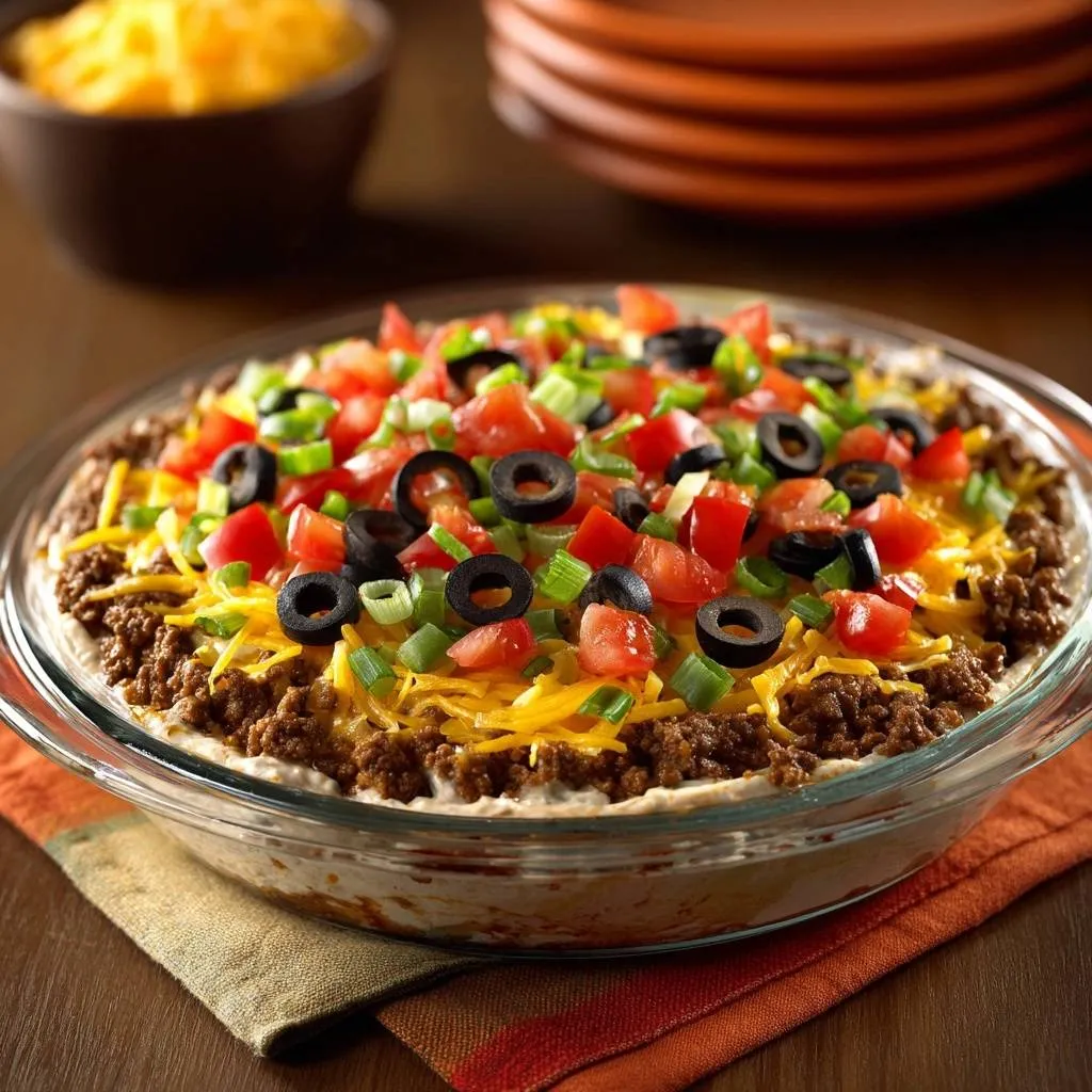 Loaded layered taco dip shown from overhead, generously garnished with tomatoes, olives, and green onions.