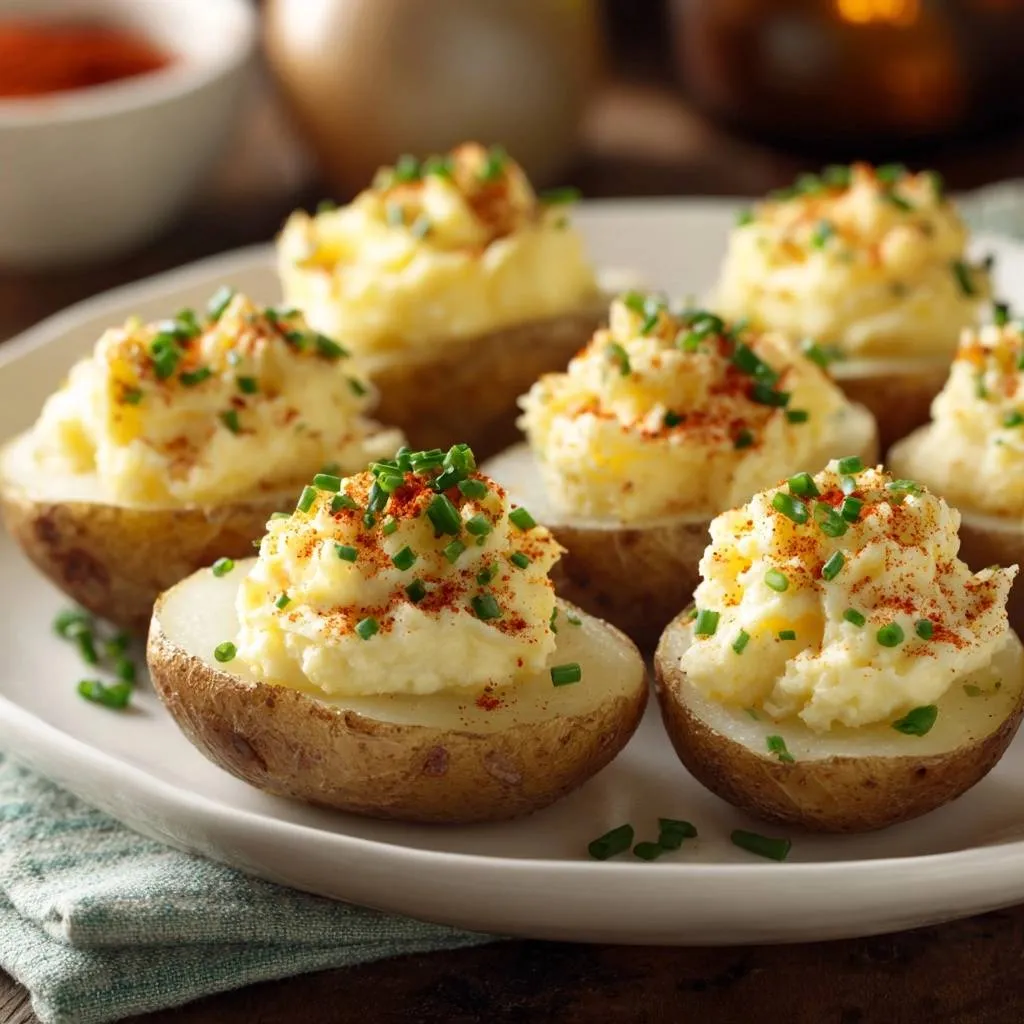 Loaded mini twice-baked potatoes topped with fluffy mashed potatoes, chives, and paprika.