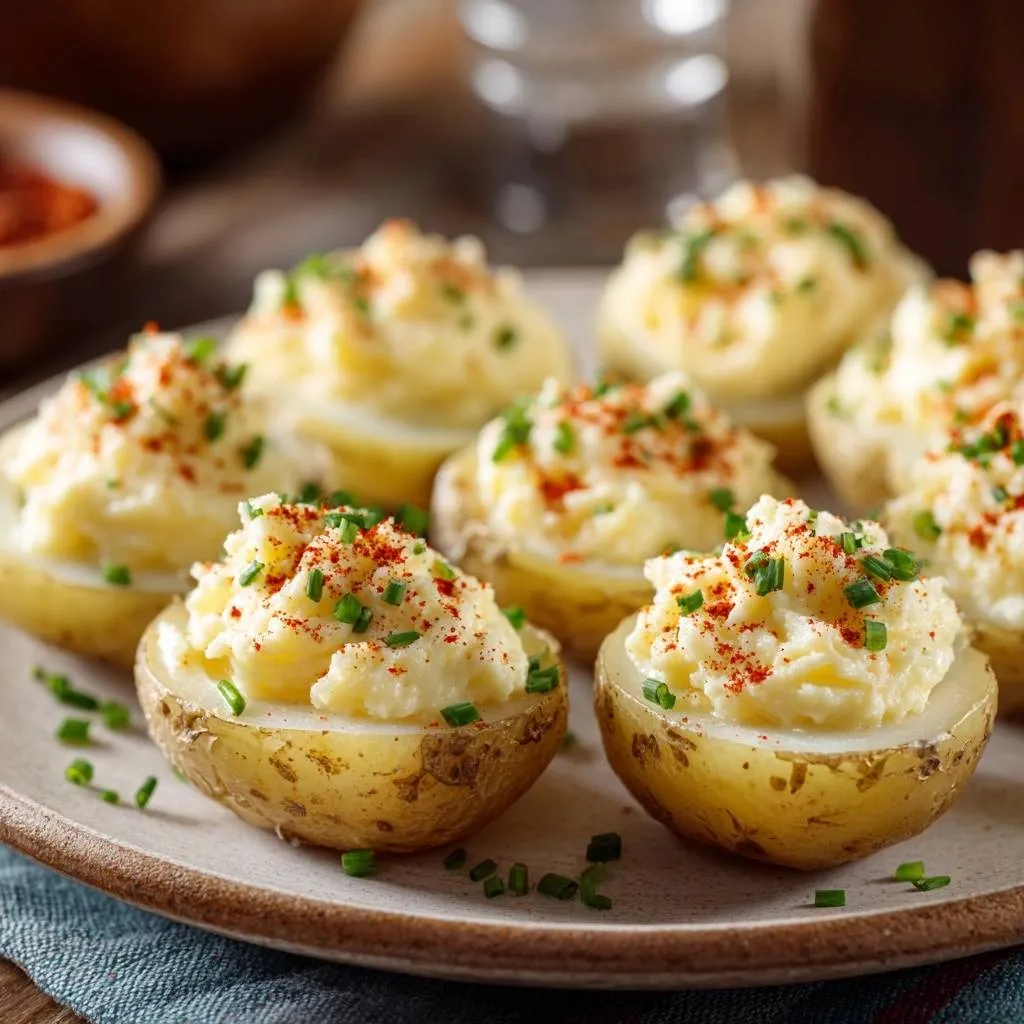 Loaded mini twice-baked potatoes plated and garnished with chives and paprika