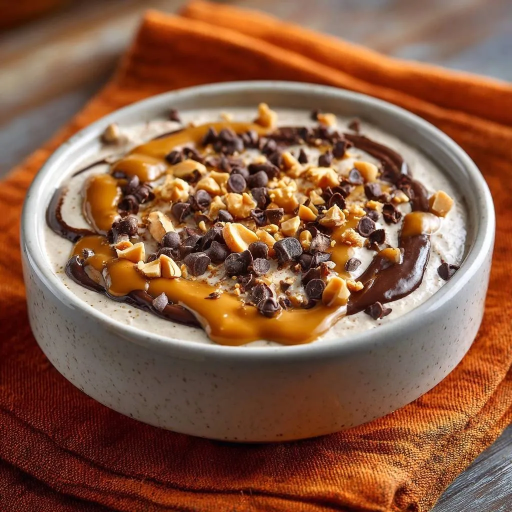 Loaded peanut butter chocolate mousse featuring a close-up view of the decadent chocolate drizzle, caramel sauce, and chopped peanut topping.