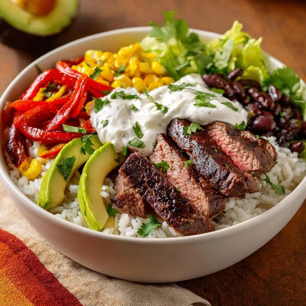 Loaded steak burrito bowl with sliced steak and fresh toppings, showing a juicy sear technique.