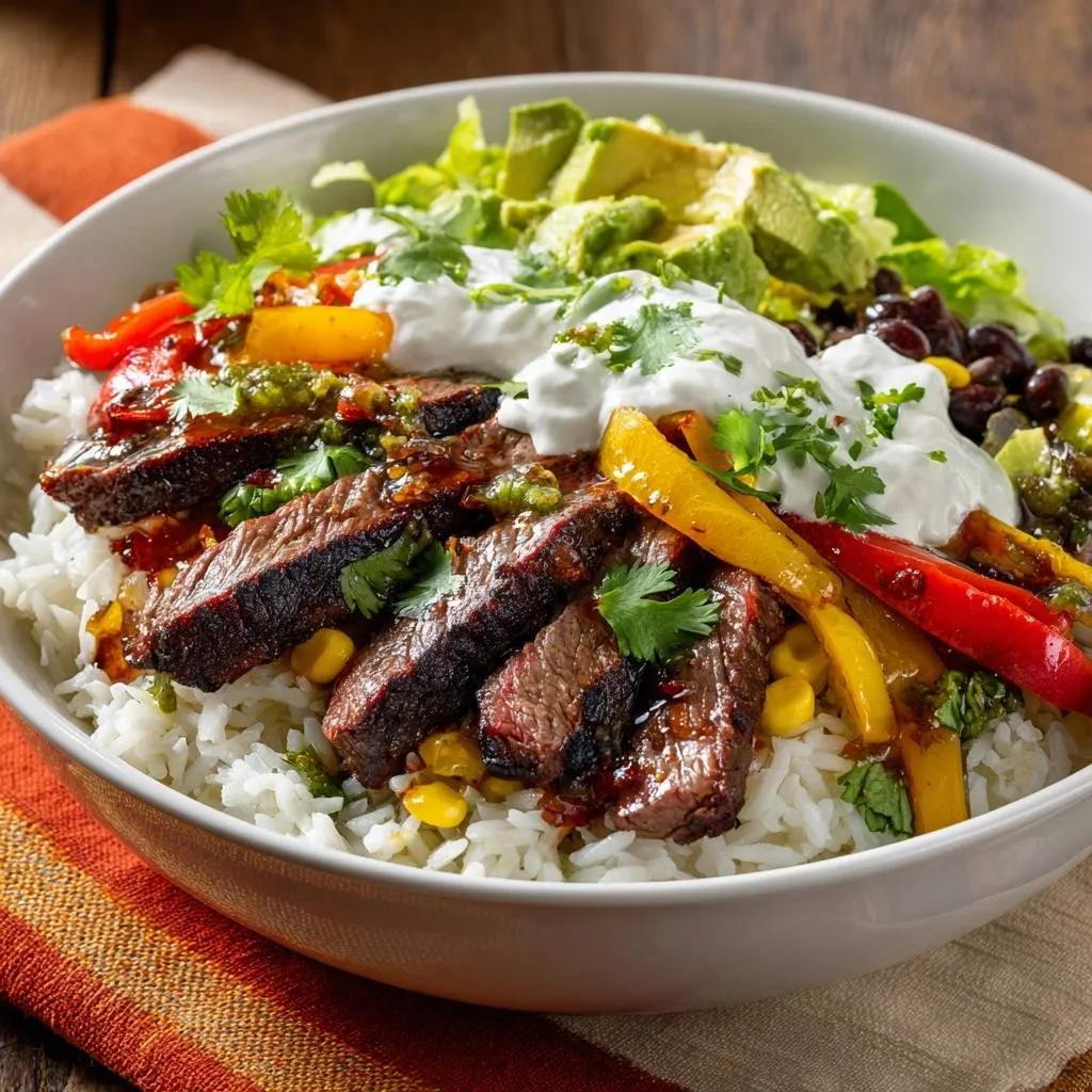Loaded steak burrito bowl featuring sliced steak with vibrant peppers and creamy toppings.
