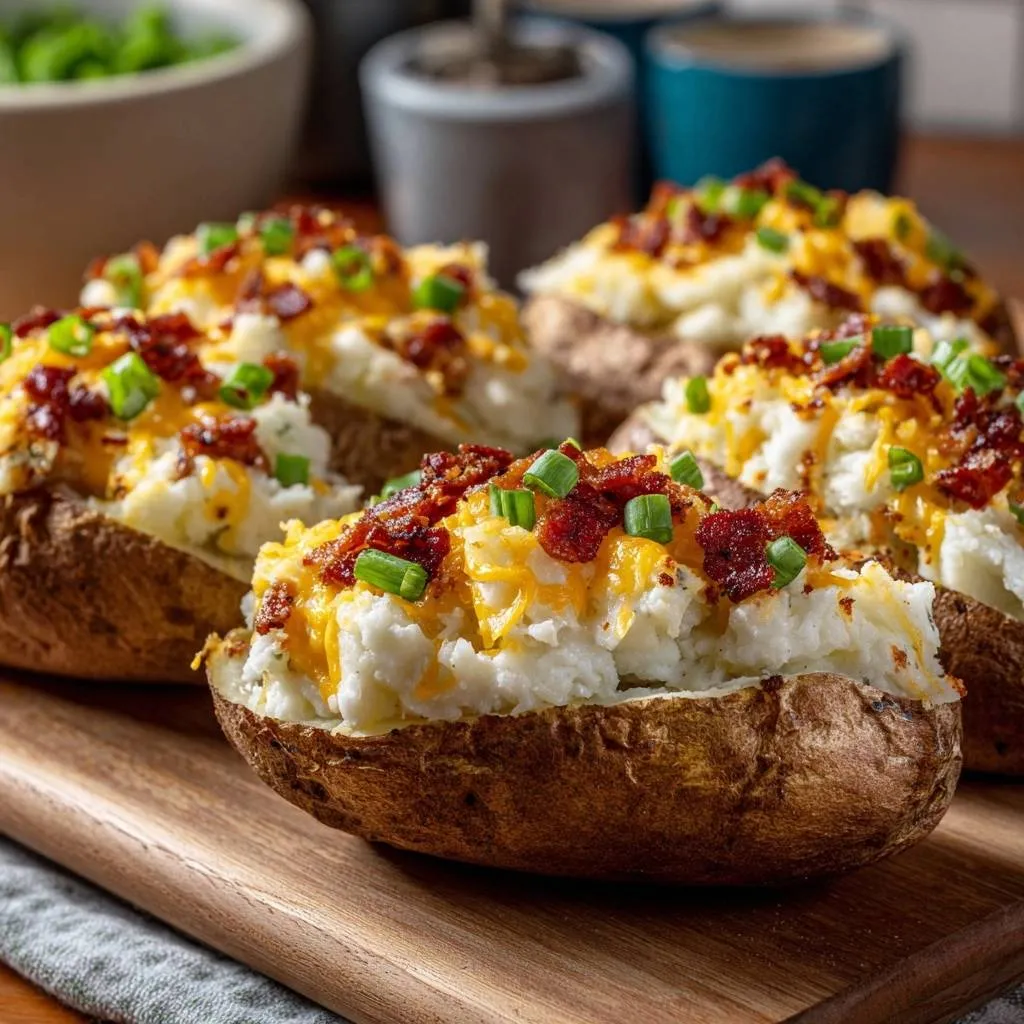 Loaded twice-baked potatoes with a close-up view of the cheesy, bacon, and chive topping.