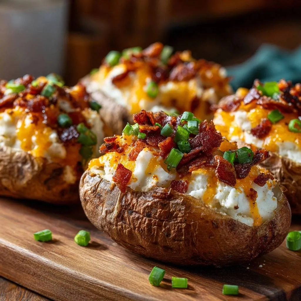 Loaded twice-baked potatoes with shatter-crisp skins, generously topped with cheese, bacon, and chives.