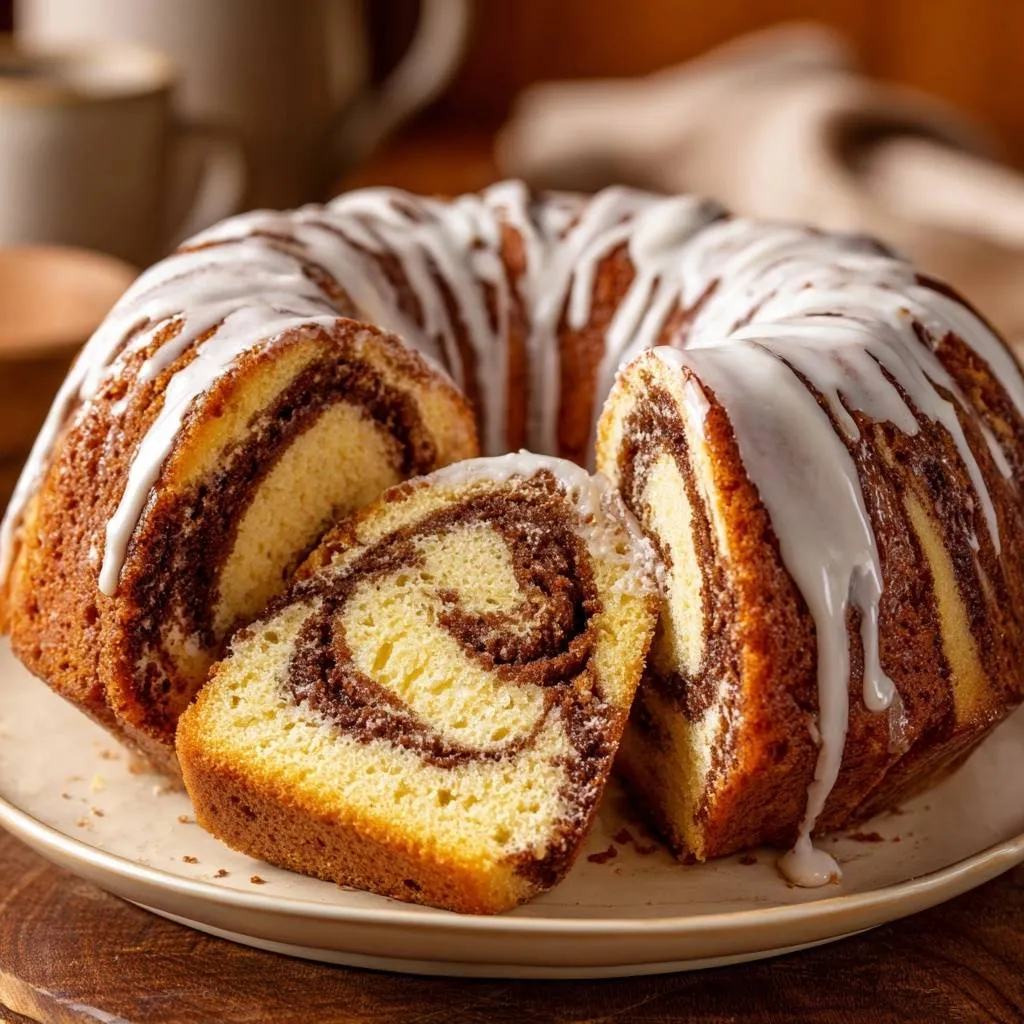 Marble Bundt cake sliced to reveal a beautiful swirl pattern and drizzled with white icing.
