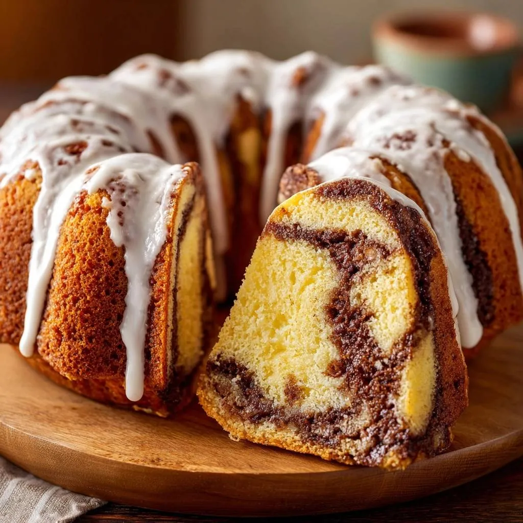 Marble bundt cake sliced to reveal its beautiful swirled interior and topped with white glaze