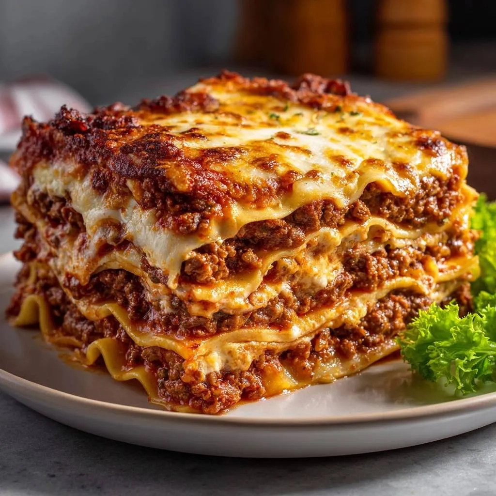 The Ultimate Meaty Lasagna showing a detailed cross-section of its layered pasta, rich meat sauce, and creamy cheese.