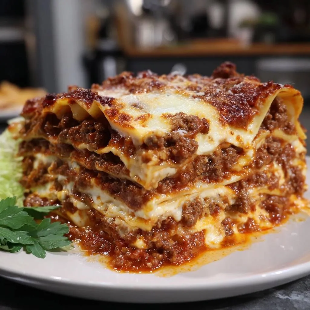 The ultimate meaty lasagna shown in a close-up cross-section, highlighting its layered structure and rich meat sauce.
