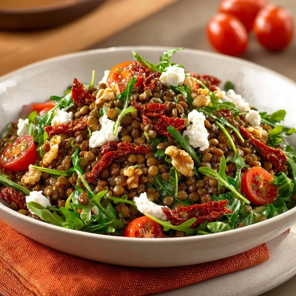 Mediterranean lentil and goat cheese salad bowl with cherry tomatoes, walnuts, and arugula, presented in a close-up view.