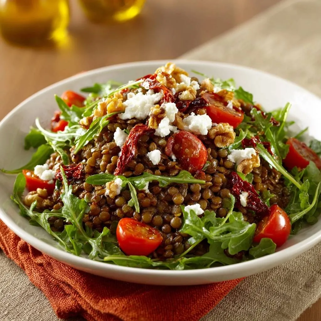 Mediterranean lentil and goat cheese salad close-up showing crumbled feta, walnuts, sun-dried tomatoes, and cherry tomatoes.