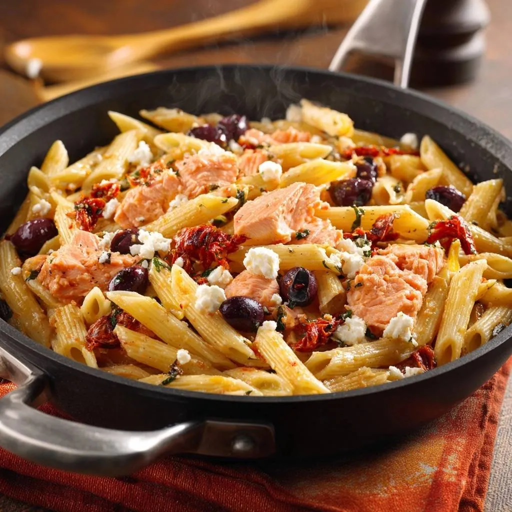Mediterranean salmon penne with olives and feta cheese served steaming in a black skillet.