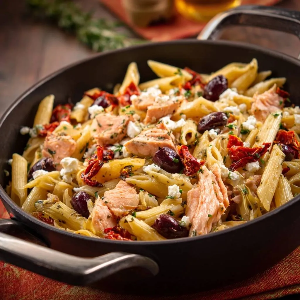 Mediterranean salmon penne in a pan, a close-up view showcasing flaked salmon, olives, and sun-dried tomatoes.