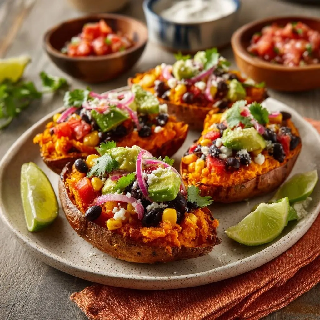 Mexican loaded sweet potatoes served on a plate, generously garnished with avocado, black beans, and red onion.