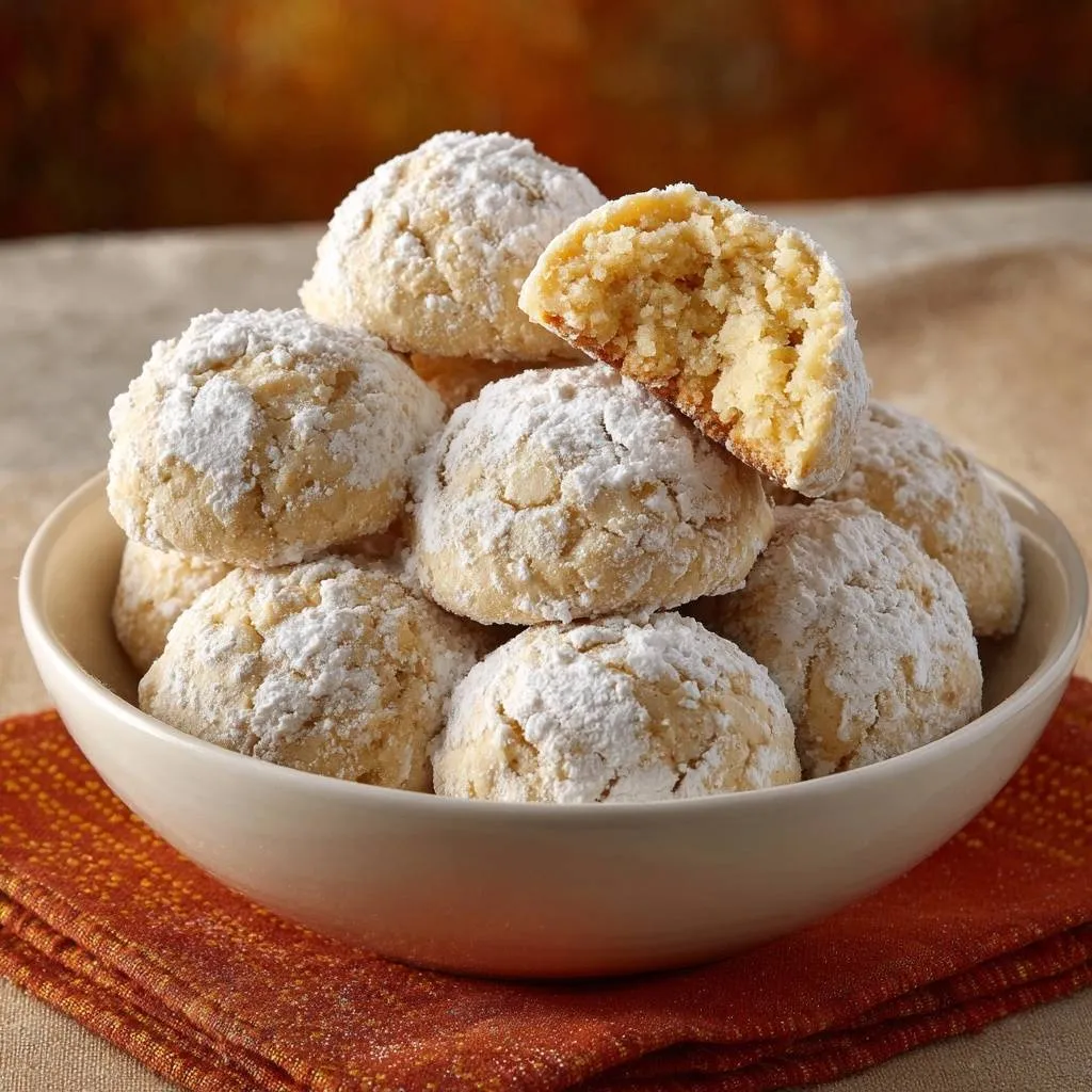 Mexican Wedding Cookies, a close-up view reveals the tender, crumbly texture of a broken cookie dusted with powdered sugar.