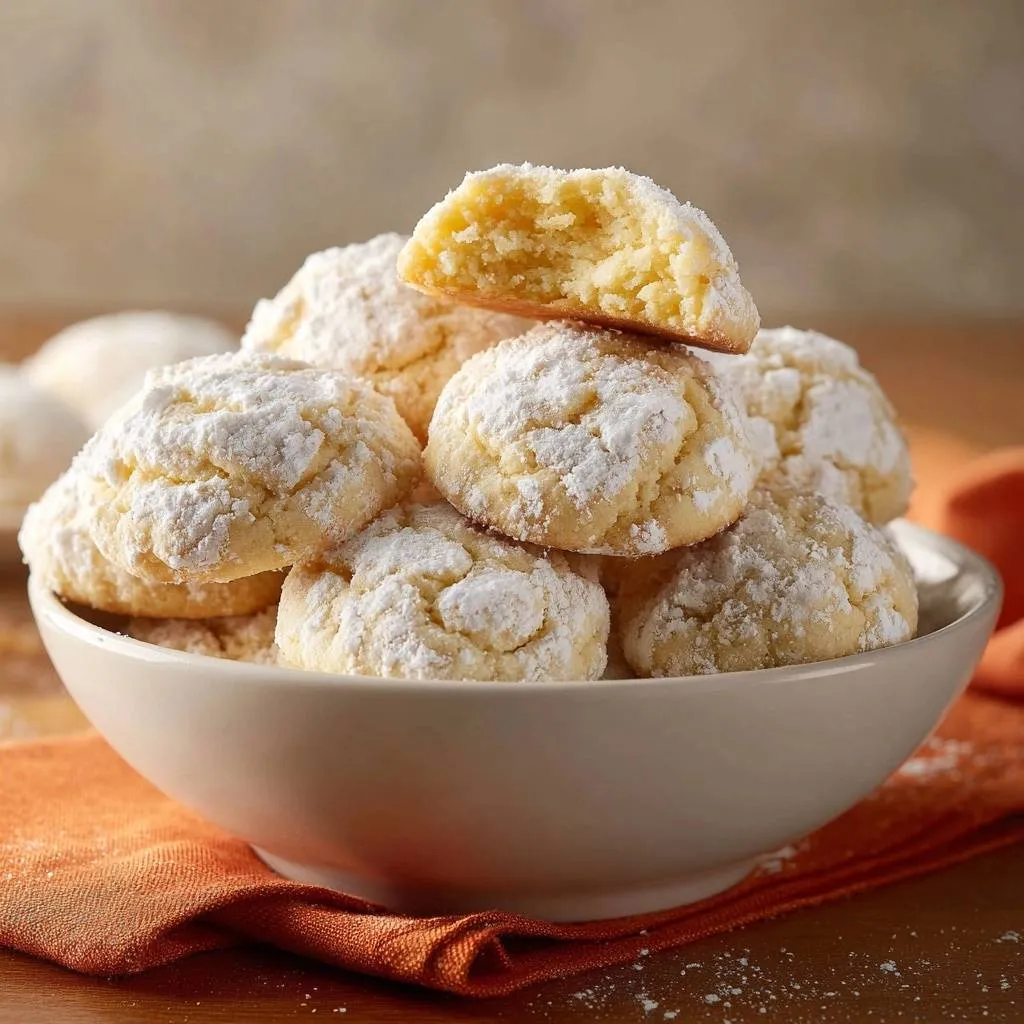 Mexican wedding cookies with a close-up cross-section showing the tender, crumbly interior dusted with powdered sugar.