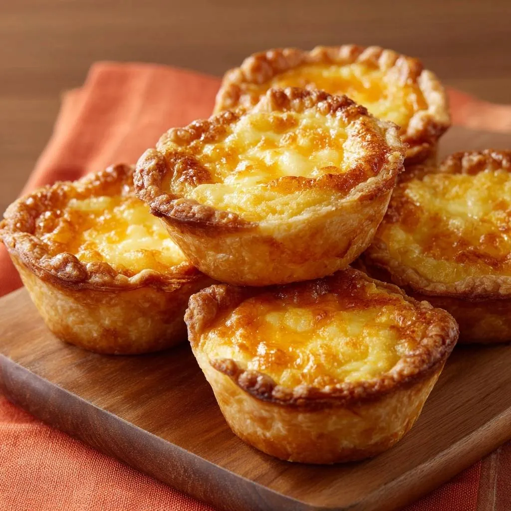 Flaky mini cheddar quiches stacked on a wooden board, showcasing their golden-brown crusts and cheesy filling.