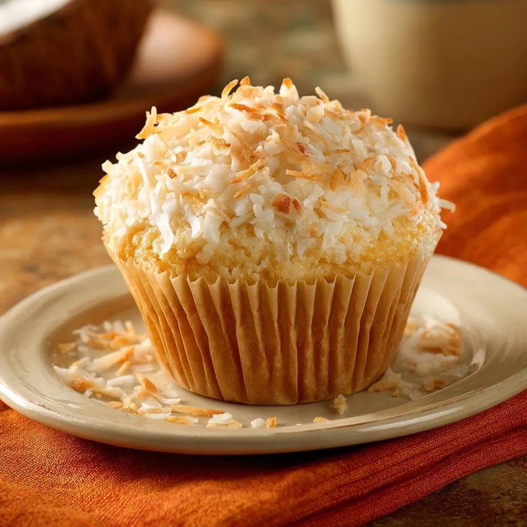 Moist coconut muffins topped with shredded and toasted coconut flakes on a light beige plate.