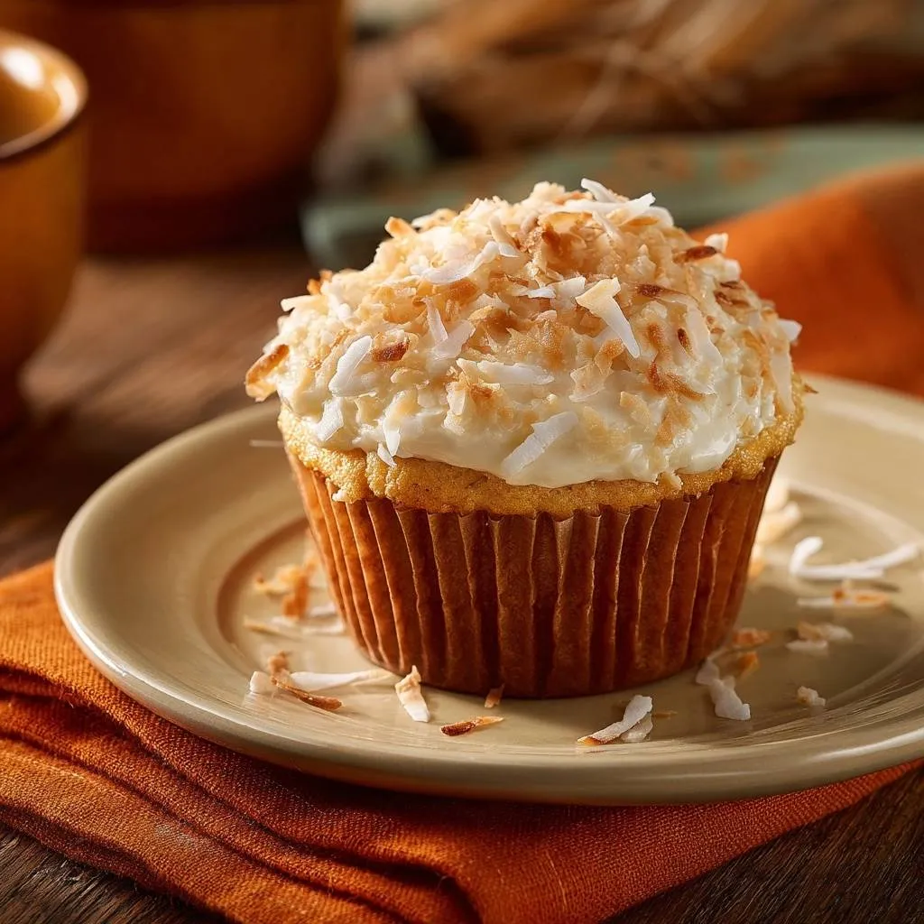 Moist coconut muffins topped with shredded coconut, presented on a plate with a napkin.
