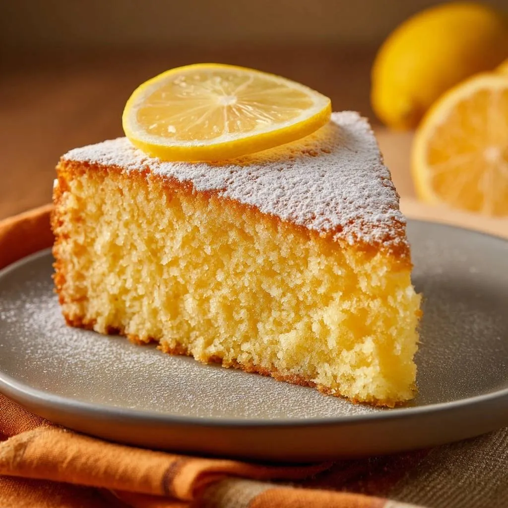 Moist lemon cake recipe showing a tender crumb cross-section on a plate, garnished with powdered sugar and a lemon slice.