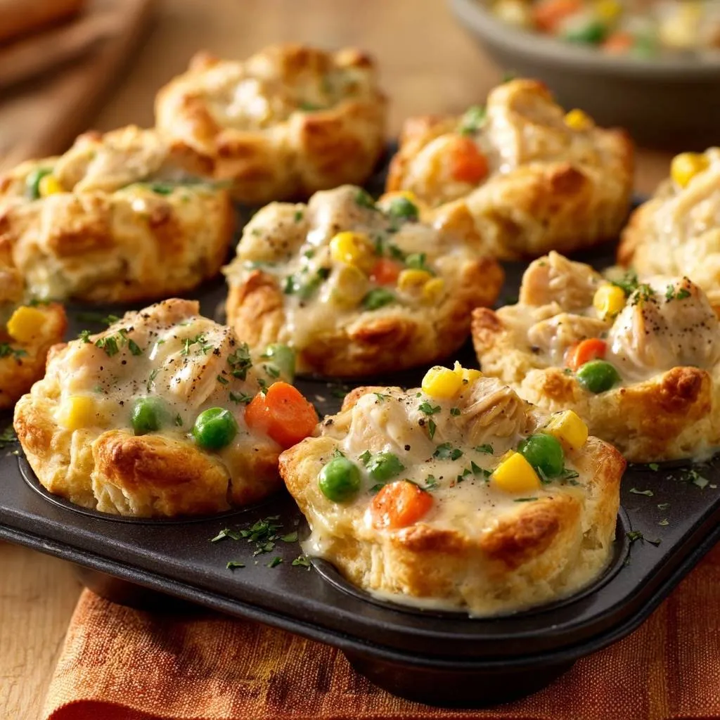 Mastering muffin tin chicken pot pies with a crisp crust, shown in a close-up view within the muffin tin.