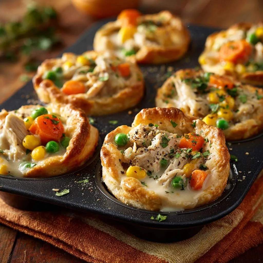 Muffin tin chicken pot pies with a crisp crust shown cooling in a black muffin tin.