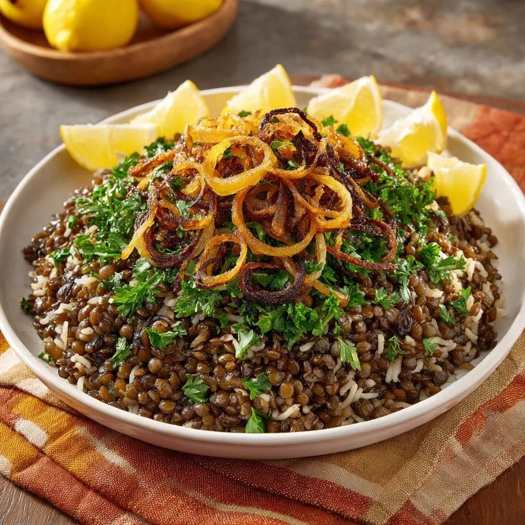 Mujaddara topped with fresh parsley and crispy fried onions, served with lemon wedges, presented in a white bowl.