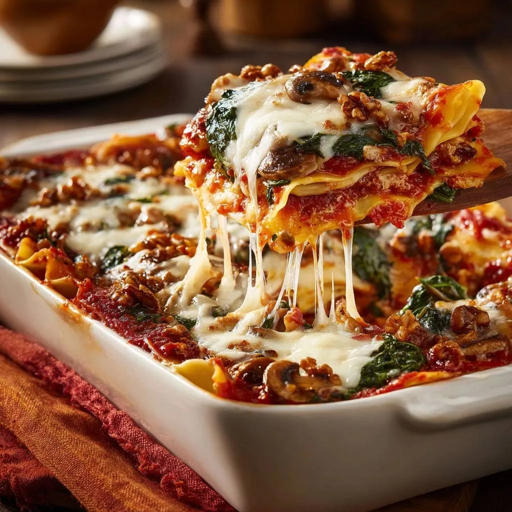 Mushroom and spinach lasagna, a cheesy slice is lifted from the baking dish showing layers of pasta and sauce.