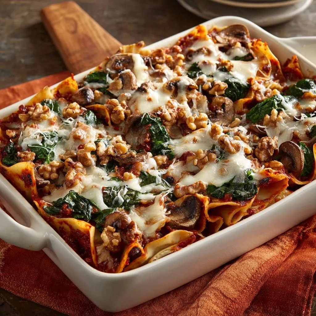 Mushroom and spinach lasagna with a close-up view of the bubbly, cheesy topping and walnuts.