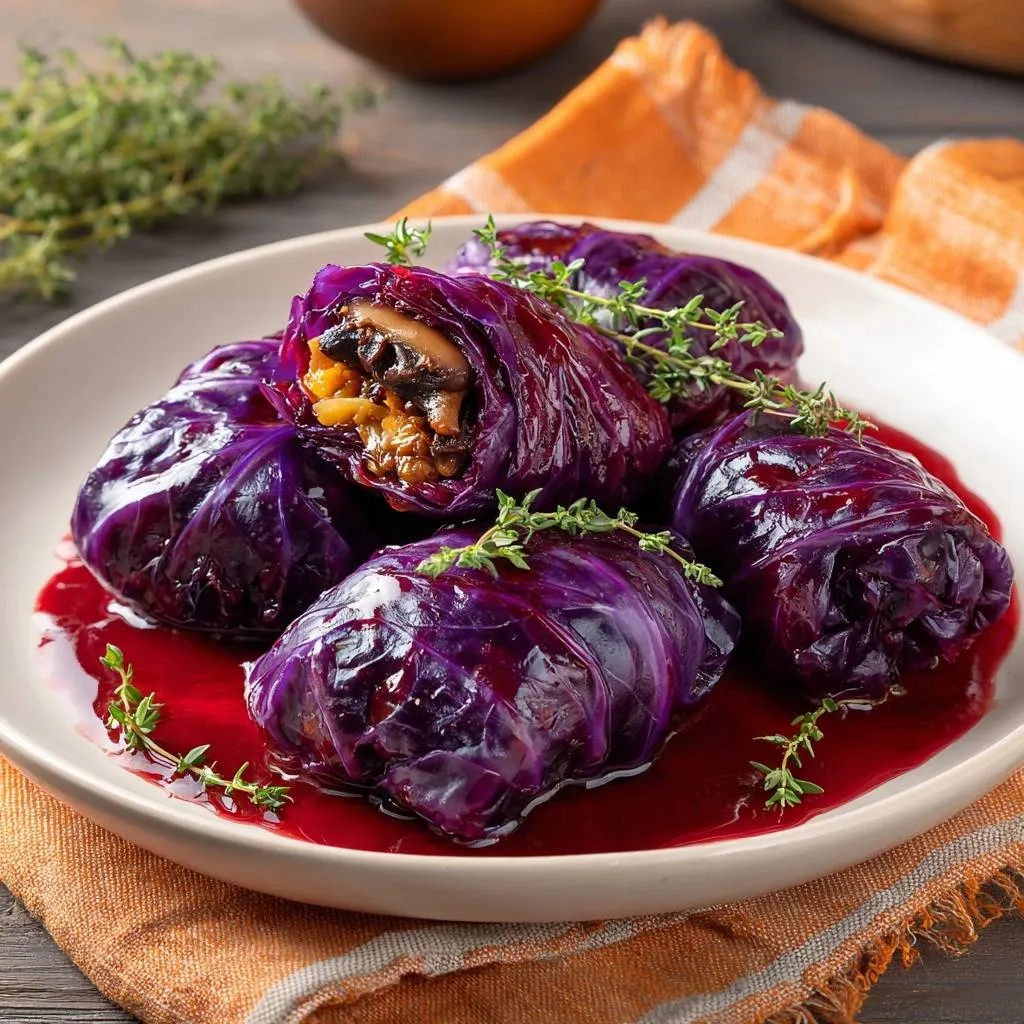 Mushroom stuffed red cabbage rolls plated with a rich sauce and garnished with fresh thyme sprigs.