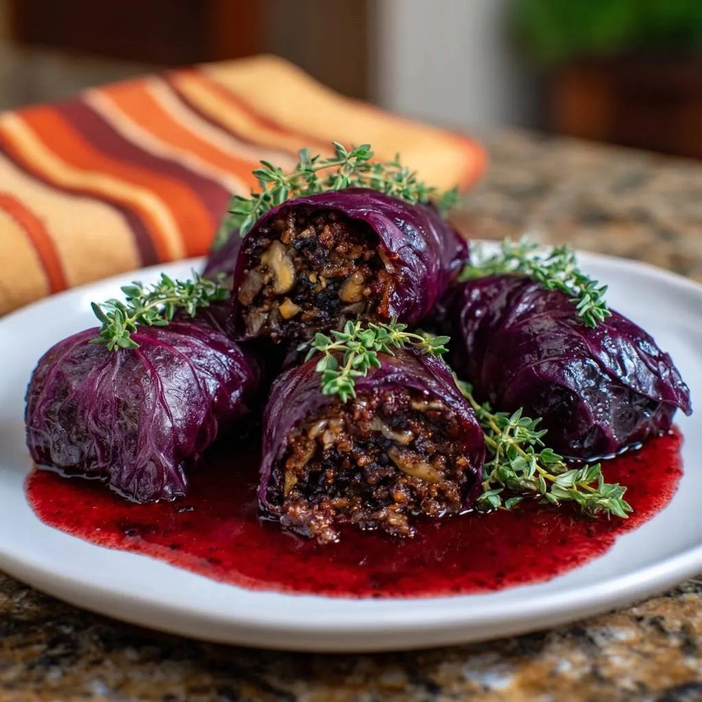 Mushroom stuffed red cabbage rolls plated with fresh thyme and a rich berry sauce.