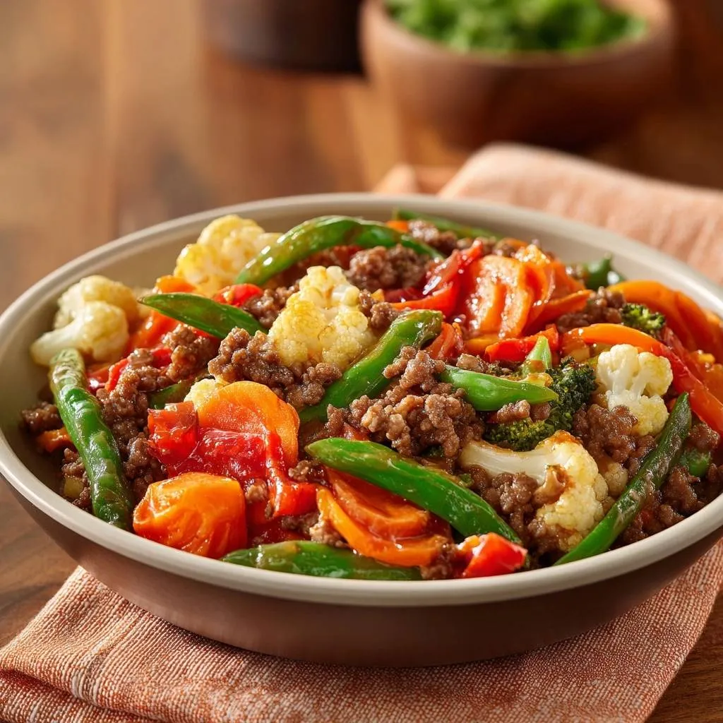 One-pan beef and veggie stir-fry served in a bowl, showcasing a mix of cauliflower, carrots, and green beans.