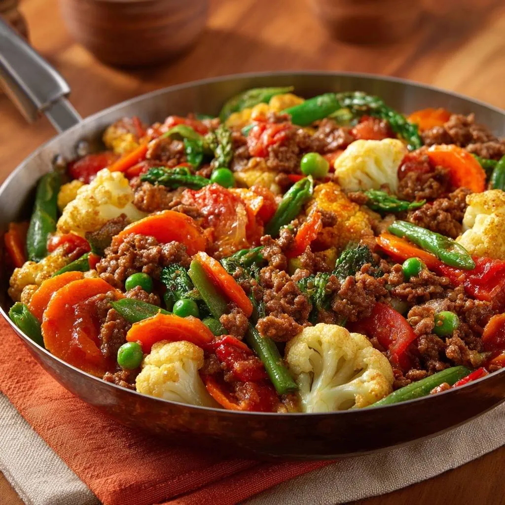 One-pan beef and veggie stir-fry shown close-up in a skillet with cauliflower, carrots, and green beans.