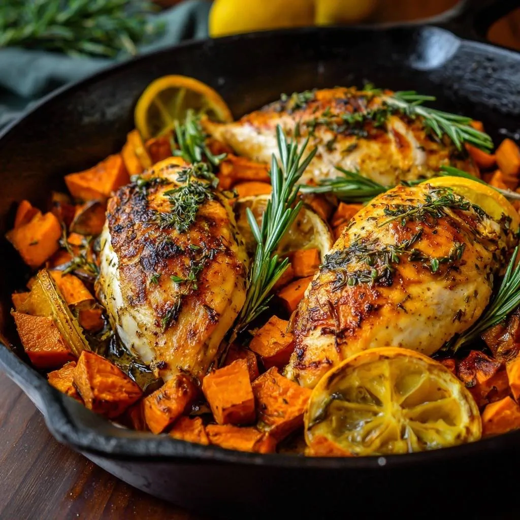 One-pan lemon rosemary chicken thighs with sweet potatoes, a close-up view in a cast-iron skillet with fresh herbs.