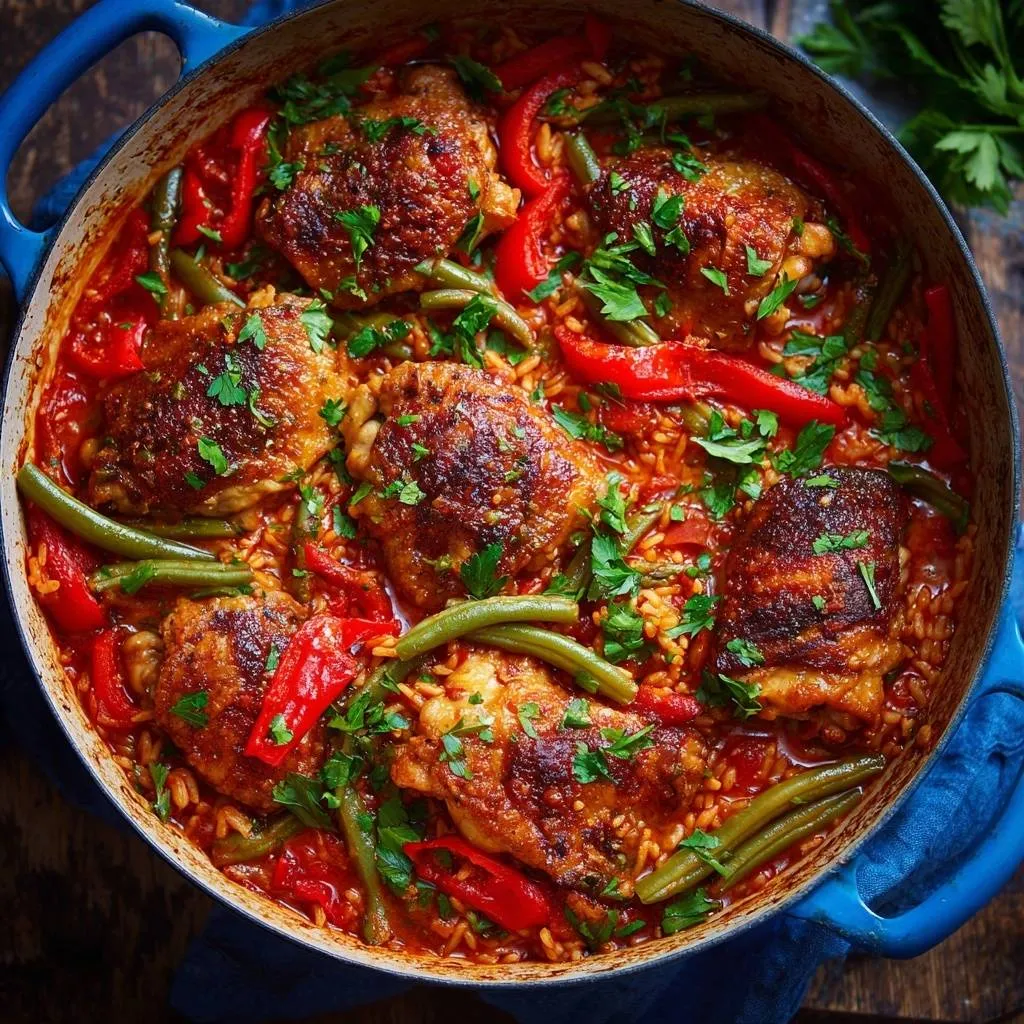 One-pot chicken rice with peppers and beans served in a blue Dutch oven, shown from an overhead view.