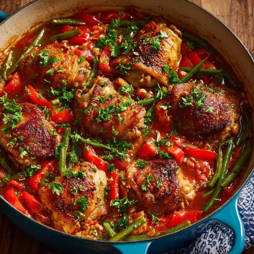 One-pot crispy chicken rice with peppers and beans shown in a close-up view within the cooking pan.