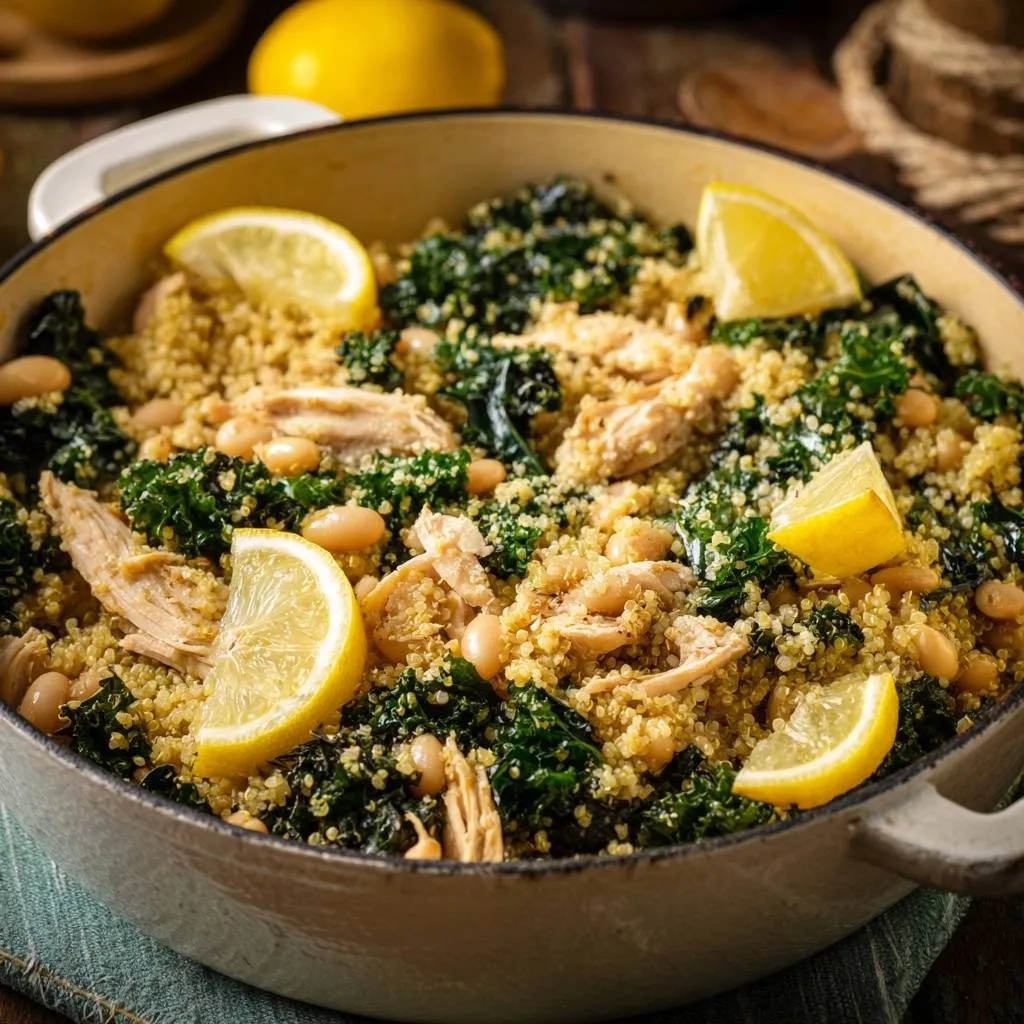 One-pot lemon chicken quinoa with kale and white beans, garnished with fresh lemon slices in a serving pot.