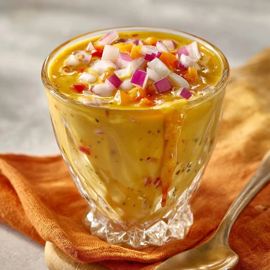 Onion Bell Pepper Raita garnished with diced red onion and bell pepper in a glass bowl, showing a detailed texture.