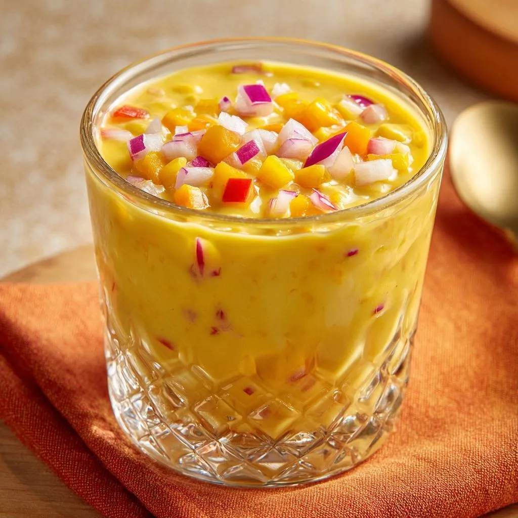 Onion bell pepper raita served in a textured glass, showcasing finely diced toppings.