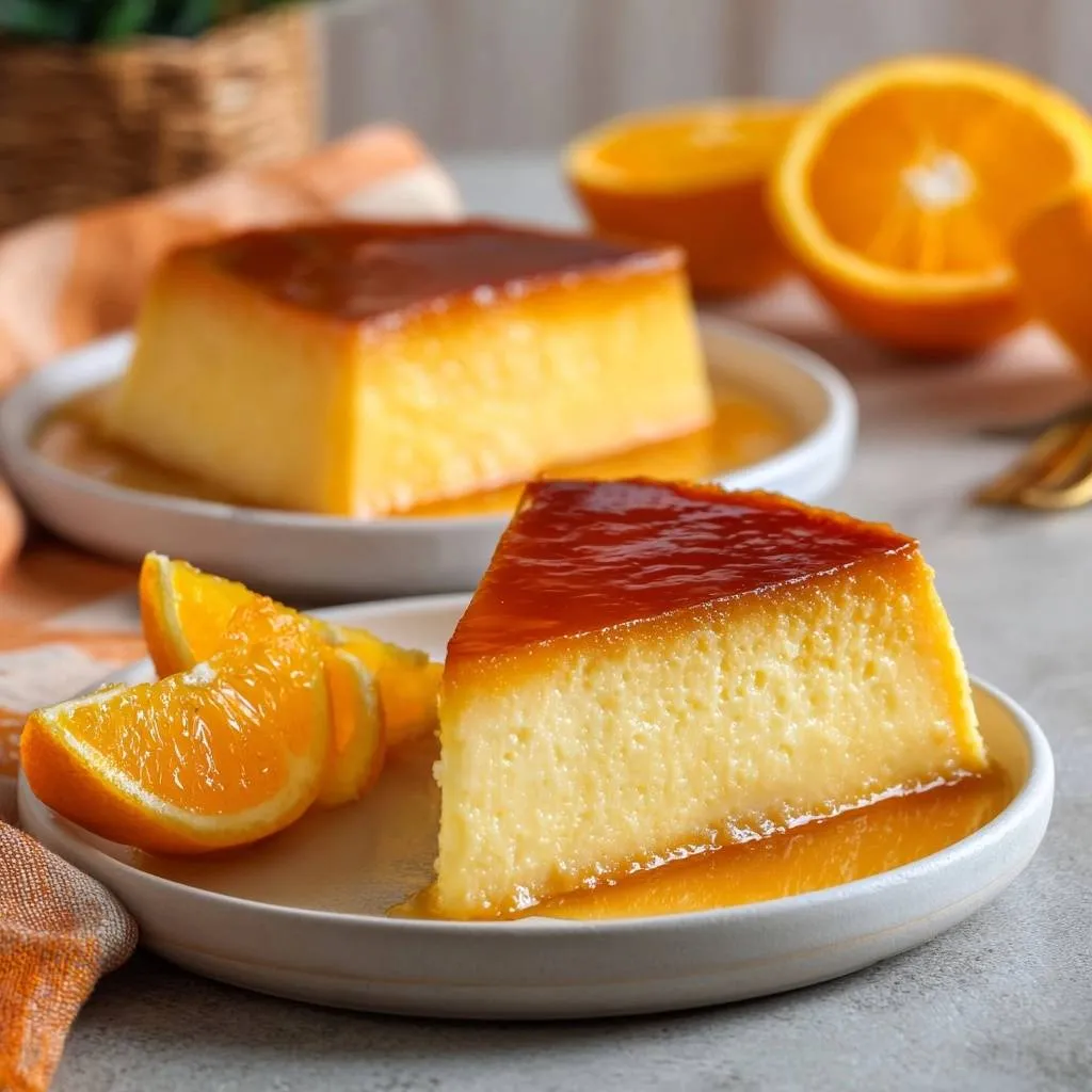 Silky orange flan served on a plate with fresh orange slices and caramel sauce