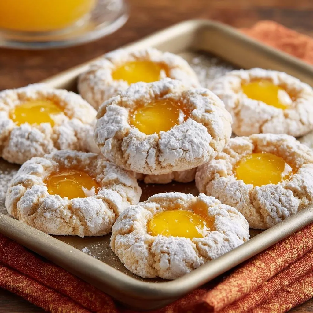 Orange marmalade thumbprint cookies with powdered sugar dusting, arranged on a baking tray.