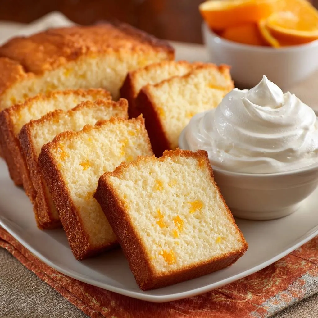 Ultra moist orange pound cake recipe, sliced and served with a dollop of whipped cream.